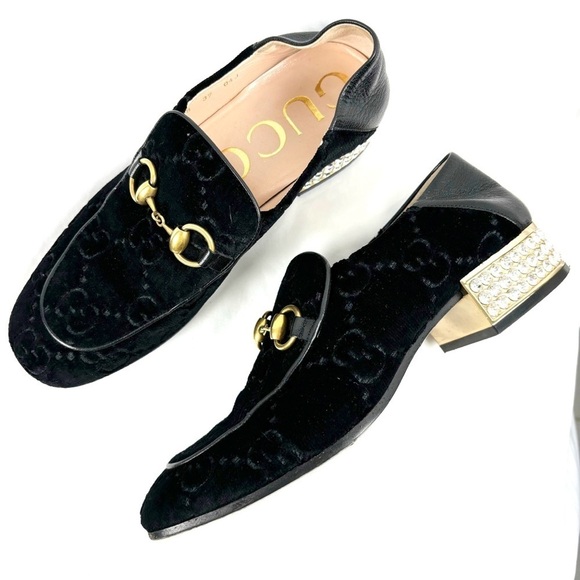 Gucci Mister Crystal Heel Horsebit Loafer Black GG Velvet Size 37 Designer - Picture 1 of 10